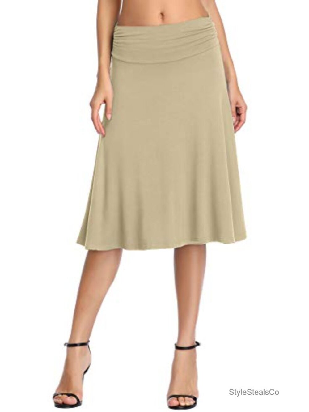 Ruched High Waist Knee Length Jersey A-Line Stretchy Flared Casual Skirt